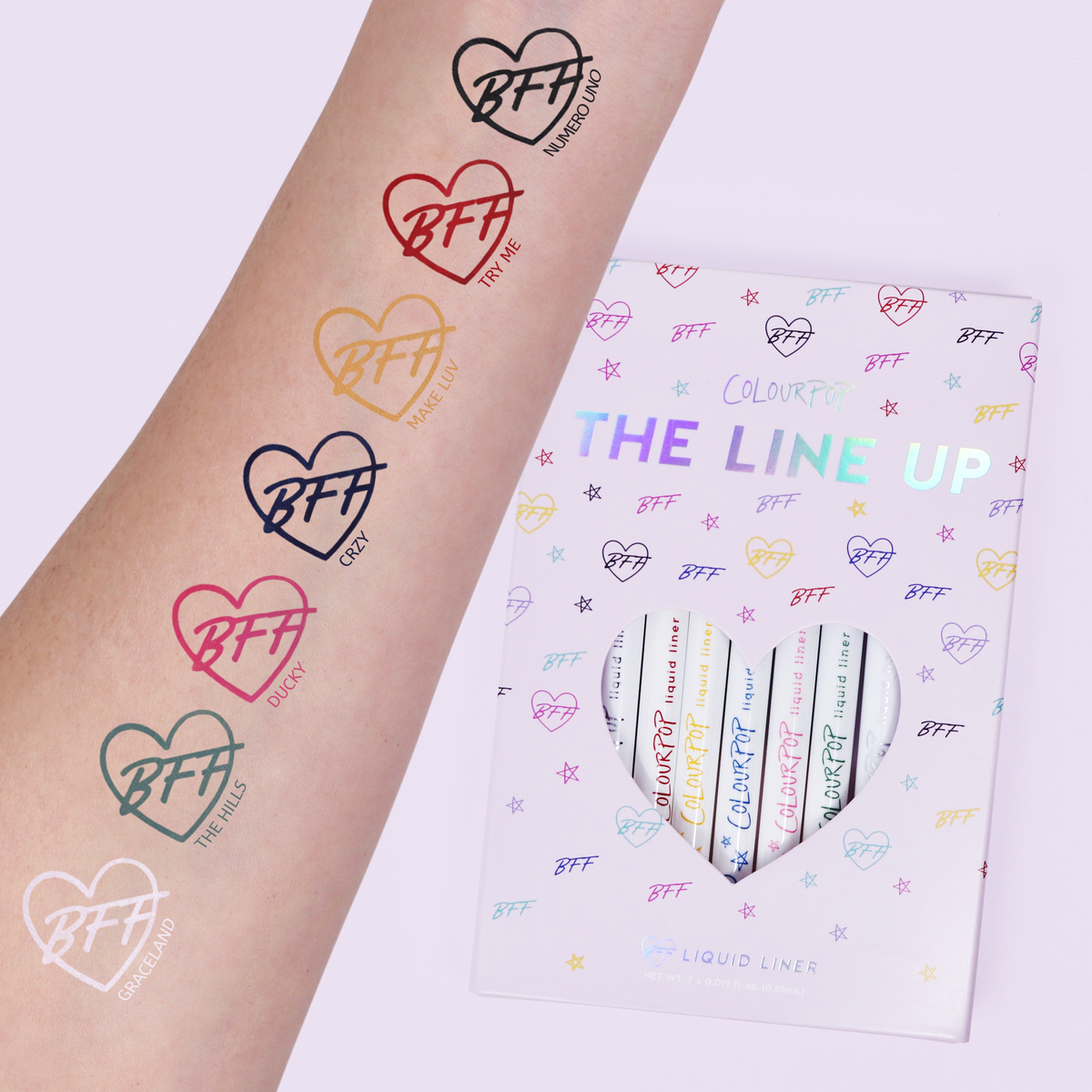 ColourPop BFF Liquid Liner in The Hills swatched as a teal‑green heart on a forearm, shown with additional shade swatches and The Line Up boxed set featuring a heart cutout - demonstrating a crisp, matte, long‑wear line.
