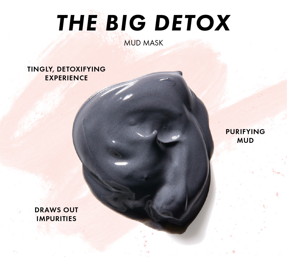 Dark charcoal smear of The Big Detox Mud Mask purifying skin by drawing out impurities for a tingly, detoxifying experience, shown glossy on a pale pink background; a ColourPop Face Mask for deep pore cleansing.